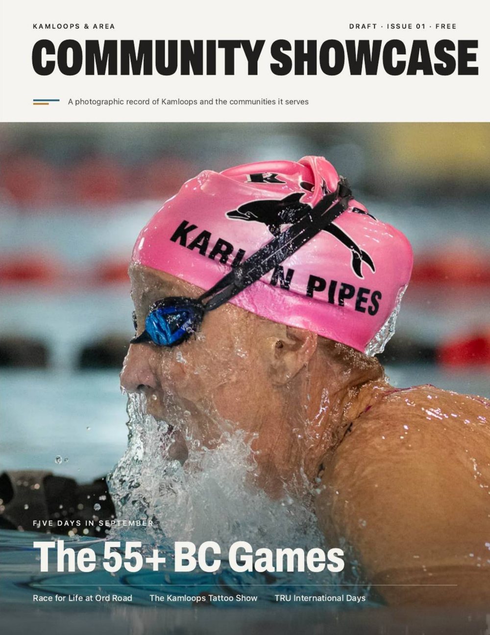 Community Showcase, Issue 01 cover: a swimmer at the 55+ BC Games